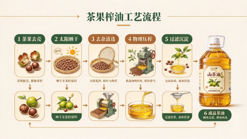 茶果榨油工艺流程：茶果去壳、太阳晒干、去杂清选、物理压榨、过滤沉淀、成品茶油